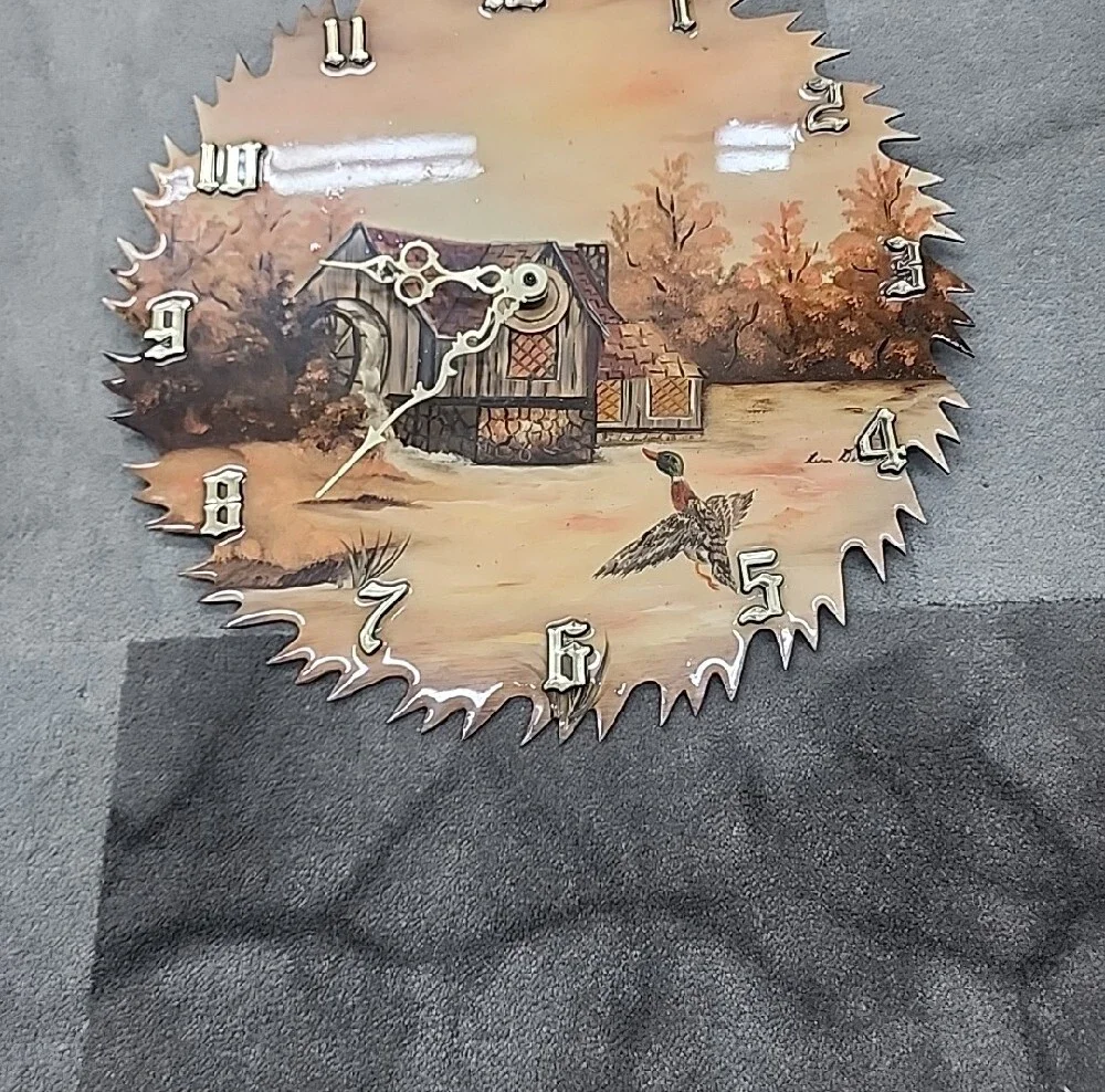 Vintage Hand-Painted Rustic Landscape Saw Blade Wall Clock - Orange Brown